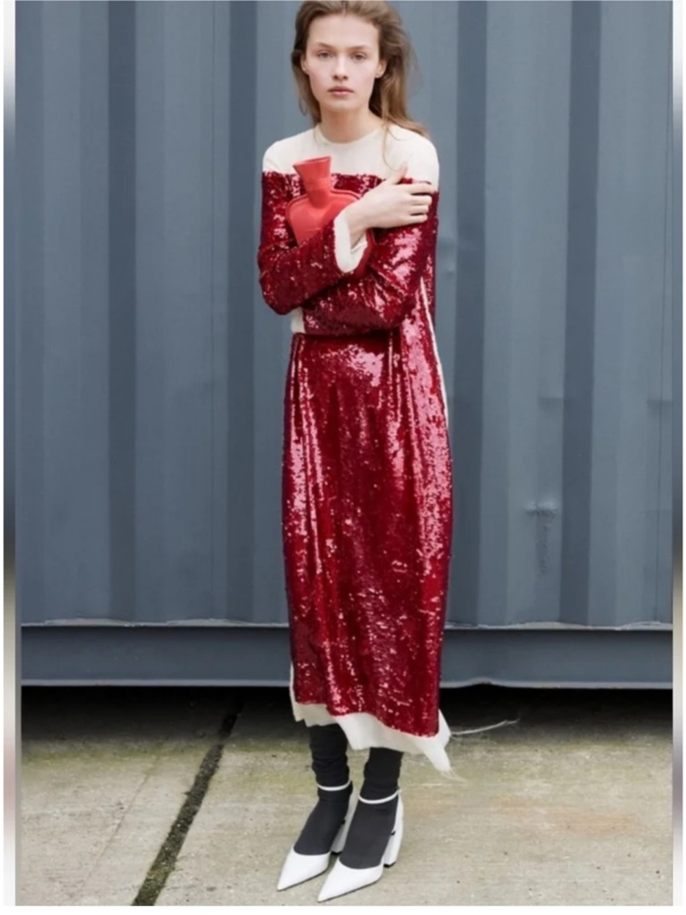 Zara Blogger Favorite Red Sequin Chiffon Midi Dress Long Sleeve ZW collection  M